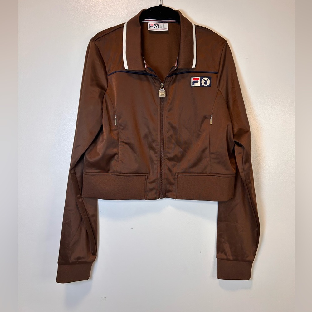 Playboy x FILA Jill Slim Zip-Up Brown Cropped Jacket 70’s Retro look Women’s XL‎